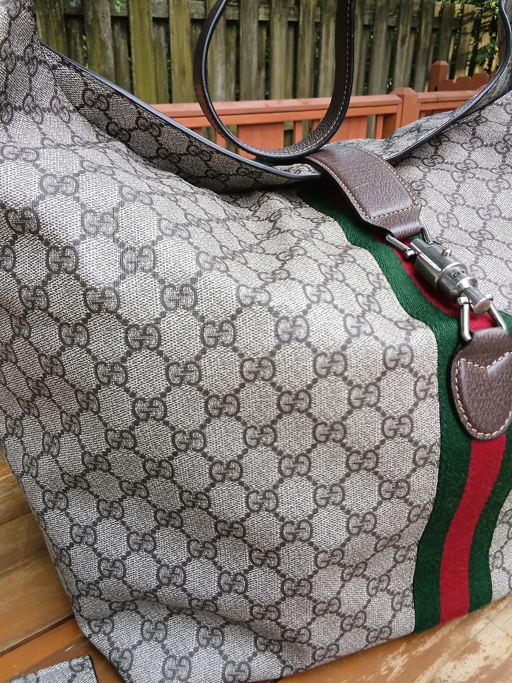 Gucci Beige/Gray Monogram Travel Tote with Green & Red Web Stripe - COA INCLUDED - Picture 8 of 16